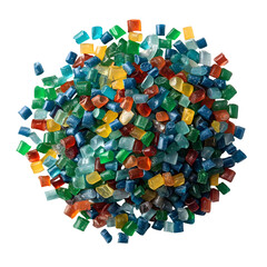 Pile of colorful plastic pellets scattered on a clean white background representing raw industrial material