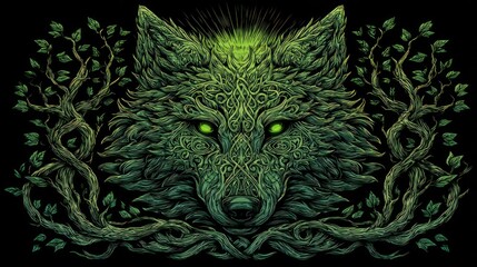 Artistic depiction of a wolfs face constructed from swirling green foliage against a black backdrop