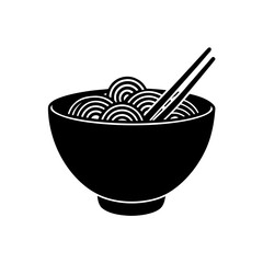 Illustration of a bowl filled with noodles and chopsticks in black and white on transparent background