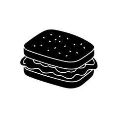 Silhouette illustration of a sandwich with lettuce and bread with seeds on top on transparent background