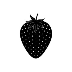 Illustration of a black strawberry with white dots and green leaves on top on transparent background
