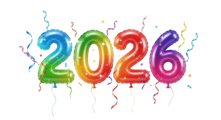 Colorful rainbow foil balloons forming the number 2026 for a celebration.