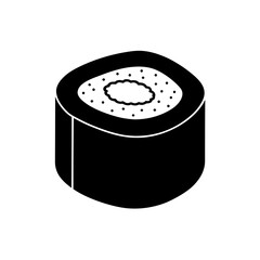 A single piece of black and white sushi roll with rice and filling inside it on transparent background