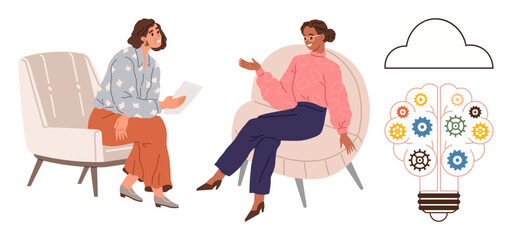 Two women seated in chairs having a conversation, engaging in idea sharing and collaboration. Gear-filled light bulb and cloud suggest innovation, brainstorming, and problem-solving. Ideal