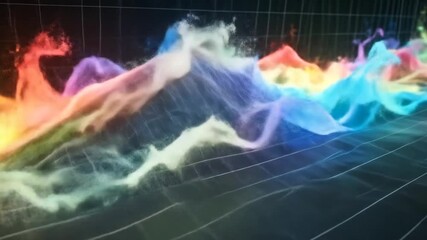 A vibrant, colorful abstract rendering with swirling forms overlayed on a dark, grid-like surface