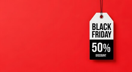 Black friday sale tag featuring a 50 percent discount on a red background