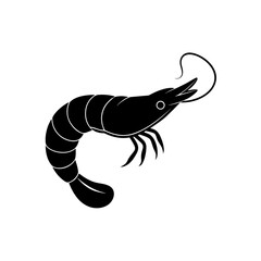 Silhouette of a shrimp with segmented body and long antennae in black color on transparent background