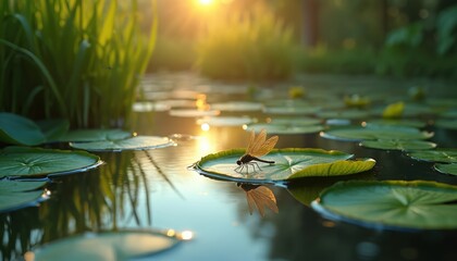 Fototapeta premium Dragonfly rests on a green lily pad in calm water. Sun glints on pond surface near aquatic plants. Peaceful natural scene with insect reflection.