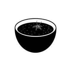 Illustration of a black bowl filled with soup and garnished with a tomato plant on transparent background
