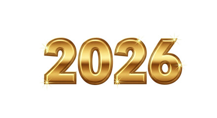 Golden 3D Numbers 2026 Shiny Metallic Texture Isolated White Background.