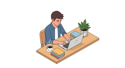 Focused young professional working remotely from home with laptop, coffee, and books at desk for peak productivity in modern lifestyle setup