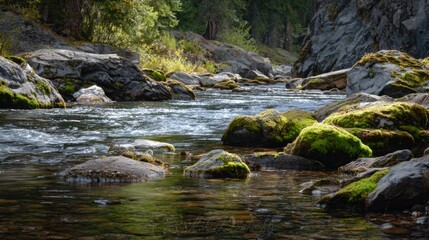 Tranquil River Scene with Flowing Water and Moss-Covered Rocks Surrounded by Lush Greenery and Scenic Mountainous Landscape