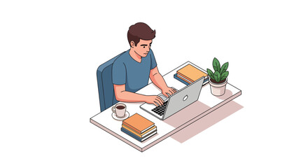 Young man working remotely with laptop, enjoying coffee during a productive day at home, showcasing focus, comfort, and modern work lifestyle