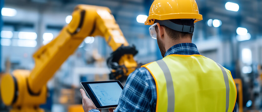 An industrial worker in safety gear monitors a robotic arm with a tablet in a factory, showcasing automation and technological advancements in manufacturing, ensuring precision and efficiency. - Powered by Adobe