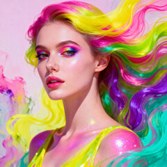 Vivid Rainbow Makeup Portrait of Asian Woman with Glossy Pink Lips