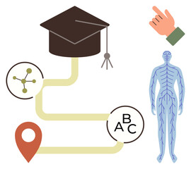 Graduation cap, route pointer, molecule, human anatomy, and alphabet represent education, science, learning, goal knowledge progress success and health. Ideal for academic healthcare
