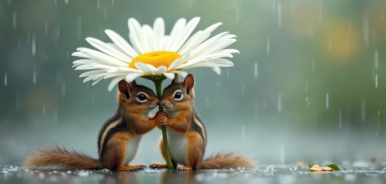 Two small chipmunks hold large daisy flower above heads. They shelter from rain together. Cute animals share umbrella in wet weather. Adorable rodents protect from downpour.