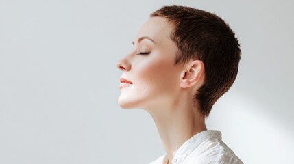 elegant woman with short pixie haircut and subtle highlights, minimalist white background, soft daylight, premium editorial photography style