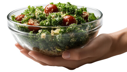 Fresh green kale salad with quinoa and cherry tomatoes held in a hand isolated on transparent background