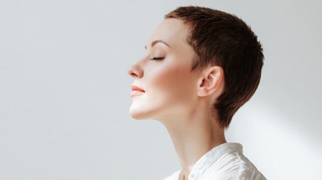 elegant woman with short pixie haircut and subtle highlights, minimalist white background, soft daylight, premium editorial photography style