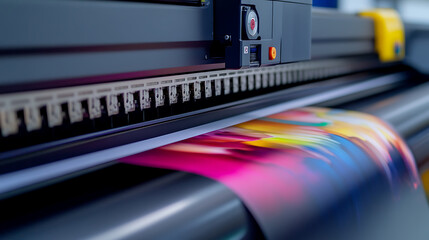 Close-up of a large format printer in operation, creating a vibrant and dynamic print. The machine's precision meets the artwork's energy, bringing colors to life.