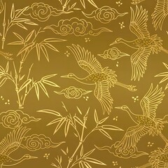 Vector: Luxury gradient gold pattern of Chinese cranes and leaves.