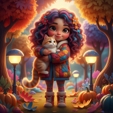 Stylized 3D autumn scene: Cute girl, cat, colorful outfit, park, dreamy saturation, non-reflective.