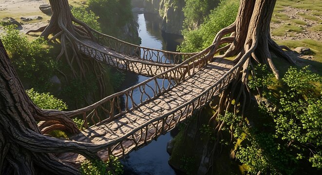 Enchanting Living Root Bridges Spanning a Serene River in a Lush Forest.