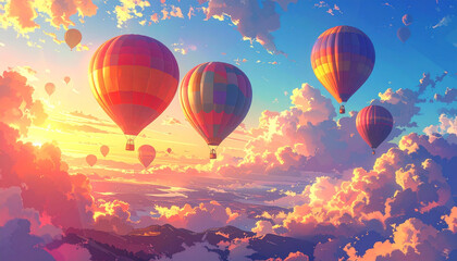 Obraz premium Colorful hot air balloons float peacefully above mountains at sunrise, surrounded by vibrant clouds and glowing light, creating dreamy, abstract, and uplifting atmosphere