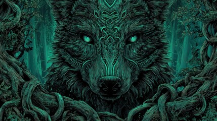 Artistic depiction of a wolf with glowing eyes and intricate designs surrounded by trees