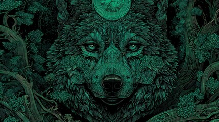 Close up of a wolf illustration in shades of green with detailed fur and forest imagery