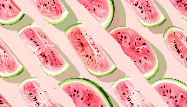 A repeating pattern of watermelon slices on a pink background, with seeds and vibrant colors - Powered by Adobe