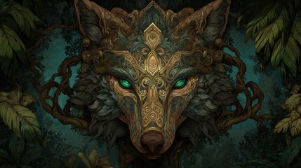 Artistic depiction of a wolfs face featuring intricate golden designs and bright green eyes