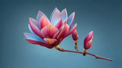 Close up of a blooming magnolia flower with pink petals and a blue background