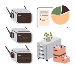 Radios labeled Think, Search, and Research, pie chart, file cabinet, folders, plant. Ideal for research, analysis office organization data communication team workflow storage solutions simple