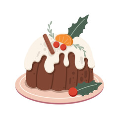 Vector illustration of a classic Christmas pudding topped with white icing or brandy butter, holly leaves, berries, cinnamon stick, and an orange slice. Festive food decor element