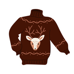 Illustration of cozy and festive  Christmas sweater in brown, featuring a cute deer head with antlers. Festive winter decor element isolated