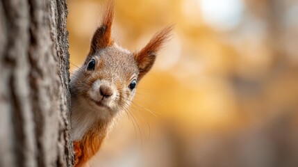 Fototapeta premium Red squirrel peeking from behind a tree trunk in a forest during the fall season, creating a charming autumnal scene with warm, blurred background