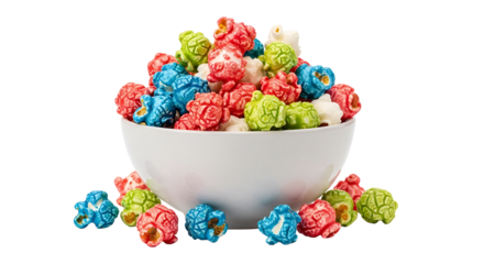 Bowl of colorful popcorn on a transparent background, a sweet and salty snack for any occasion
