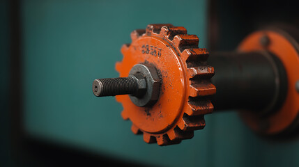 Macro shot of a vibrant orange gear fixed with a dark bolt against a teal backdrop, showcasing industrial design and machinery components in a detailed close-up.