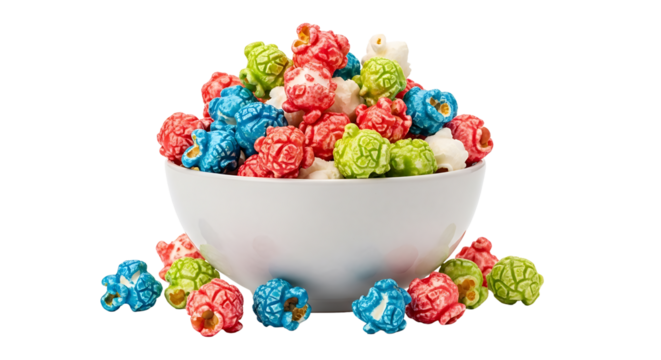 Bowl of colorful popcorn on a transparent background, a sweet and salty snack for any occasion