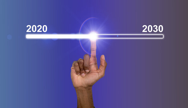 Human hand touching a glowing timeline bar between 2020 and 2030 on a futuristic gradient background