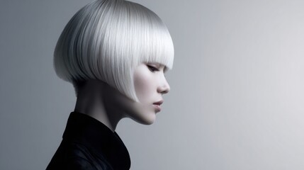 high fashion portrait of a woman with smooth mirror shine haircut, silver tones, plain minimalist backdrop, cinematic lighting, futuristic elegance