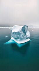 Majestic iceberg floating in tranquil, icy waters under a misty sky.