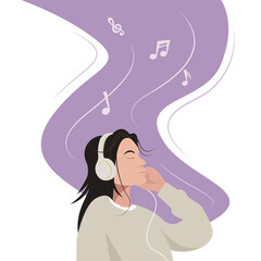 A girl wearing headphones and enjoying music, vector illustrations, music notes, relaxed women with earphones listening songs 