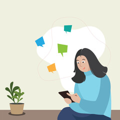 A girl watching social media or chatting on phone, mobile addiction abstract vector,  a person scrolling social media, browsing while sitting, walking, speech bubble around her