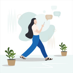 A girl watching social media or chatting on phone, mobile addiction abstract vector,  a person scrolling social media, browsing while sitting, walking, speech bubble around her