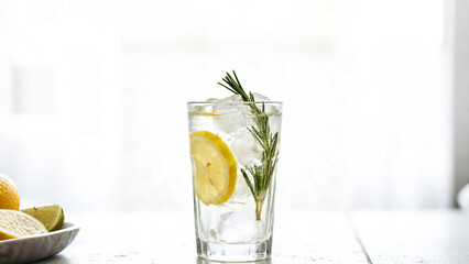 Refreshing gin and tonic with lemon slice and rosemary sprig on white table