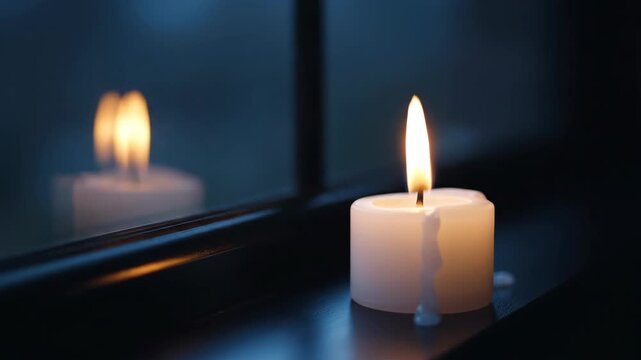 Single lit white candle glowing in dark on windowsill. Flame reflects in window at night. Concept of hope, remembrance, and memorial vigil