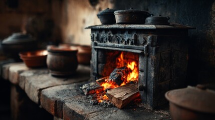 Rustic kitchen interior featuring wood-burning stove with open flames, traditional cooking pots, and stonework against a textured wall for authentic ambiance